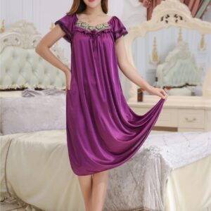 Blue Color Night Dress For Women Louiswill Satin Short Sleeves Sleepwear For Women Purpel Night Dress For Women