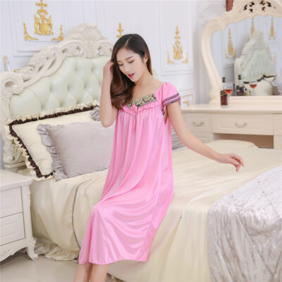 Blue Color Night Dress For Women Louiswill Satin Short Sleeves Sleepwear For Women Blue Color Night Dress For Women