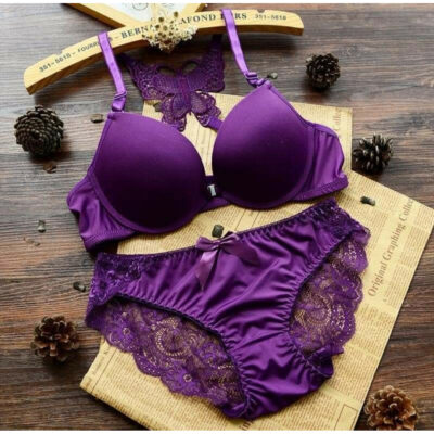 Women Blue Sexy Bra Panty set in Lace design Purpel color