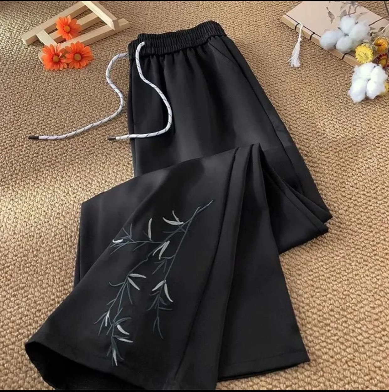 New Chinese Bamboo Embroidered Wide-Leg Trousers - Image 2