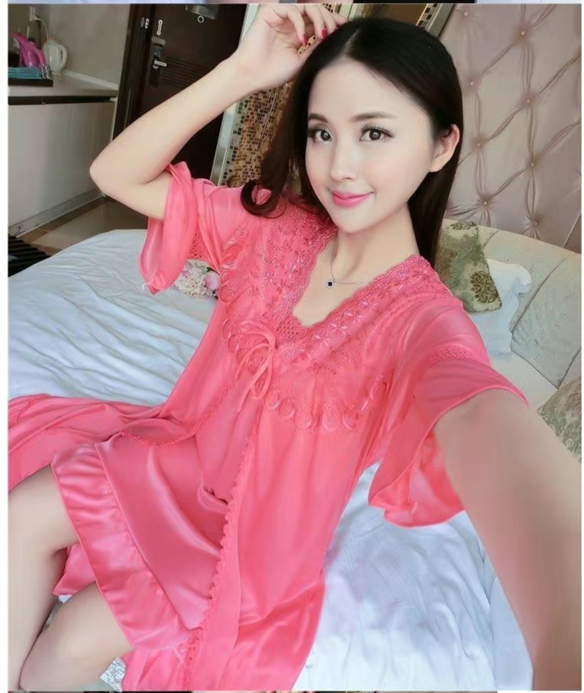 Satin 2 part night dress with exclusive lace work - Image 2
