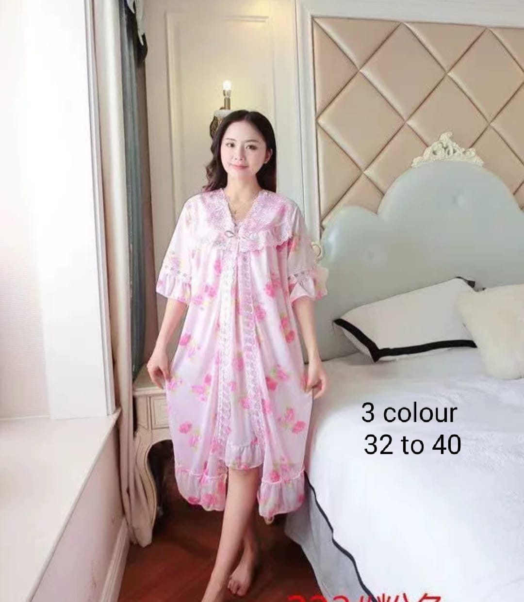 Women Floral Print Satin Nighty Dress with Lace Work – Elegant Soft Sleepwear - Image 2