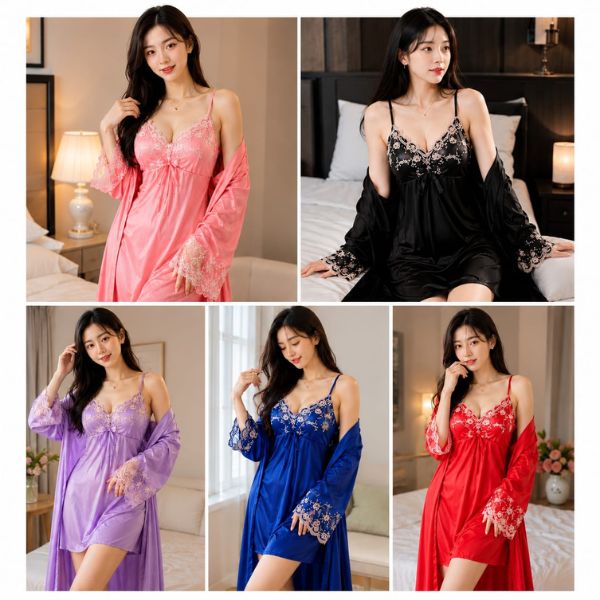 night dress, embroidery night gown, silk nighty, satin night dress, 2 part night dress