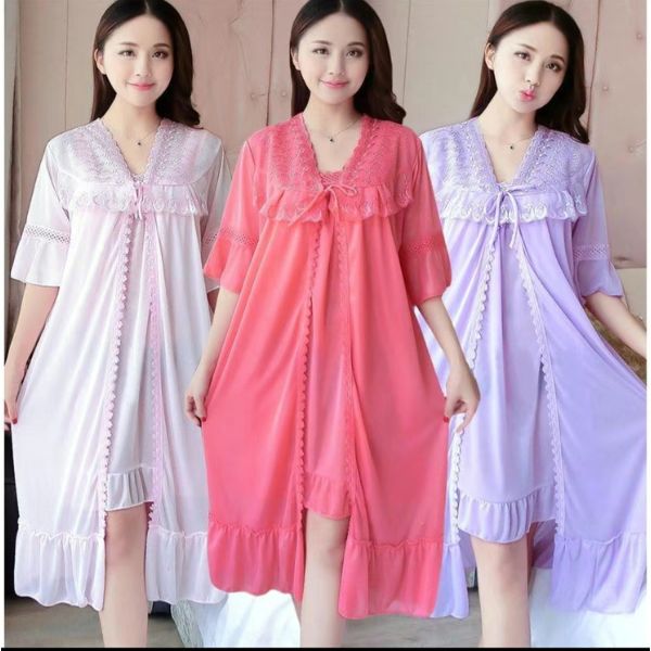satin night dress with lace work