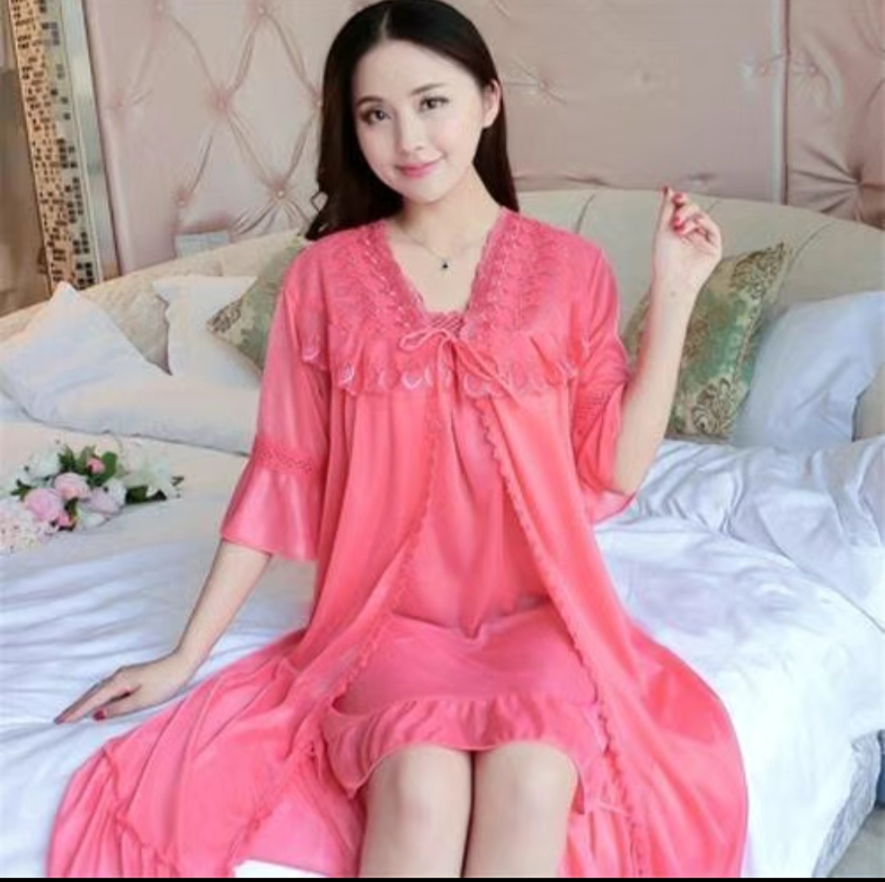 Satin 2 part night dress with exclusive lace work - Image 7