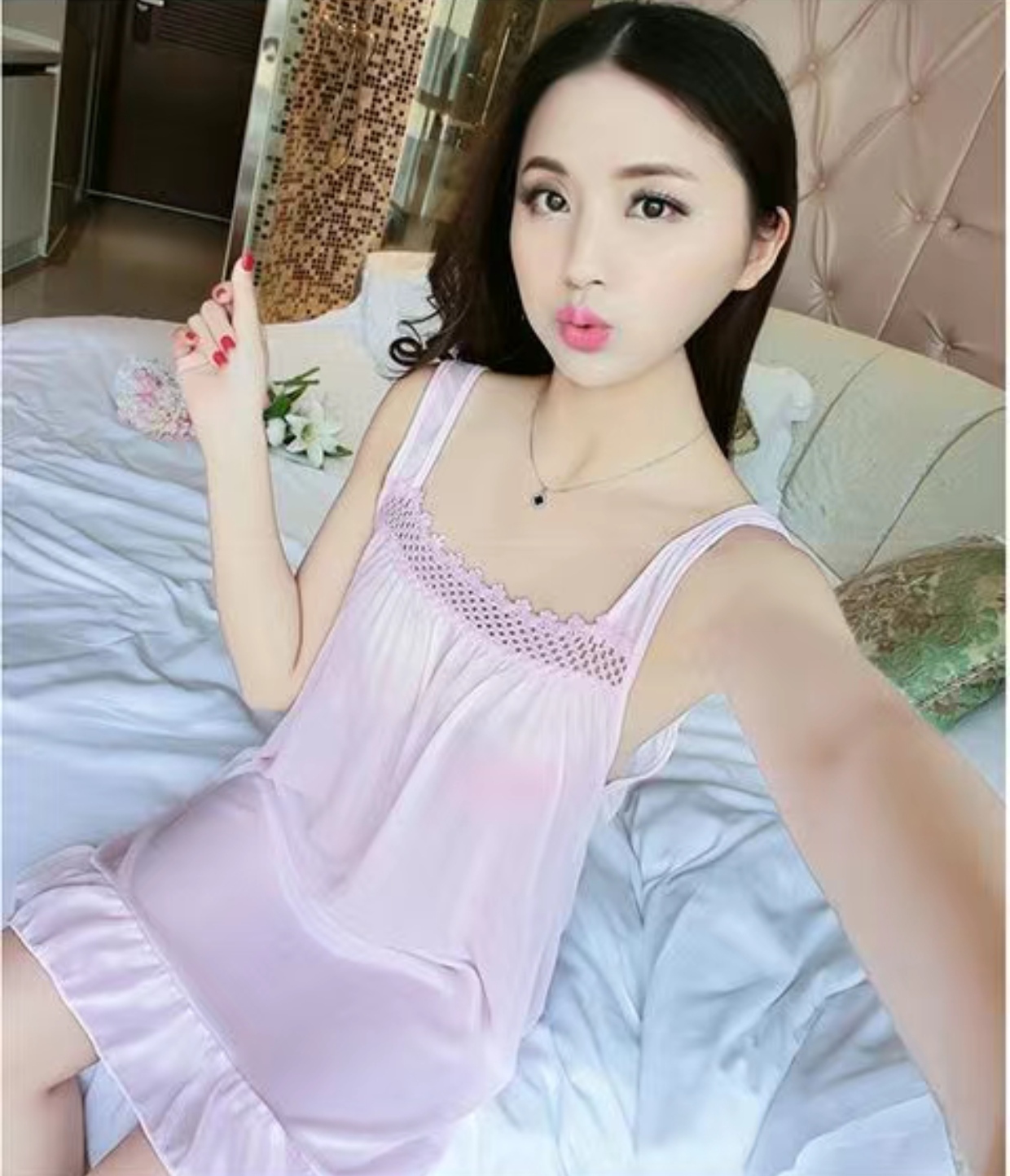 Satin 2 part night dress with exclusive lace work - Image 9