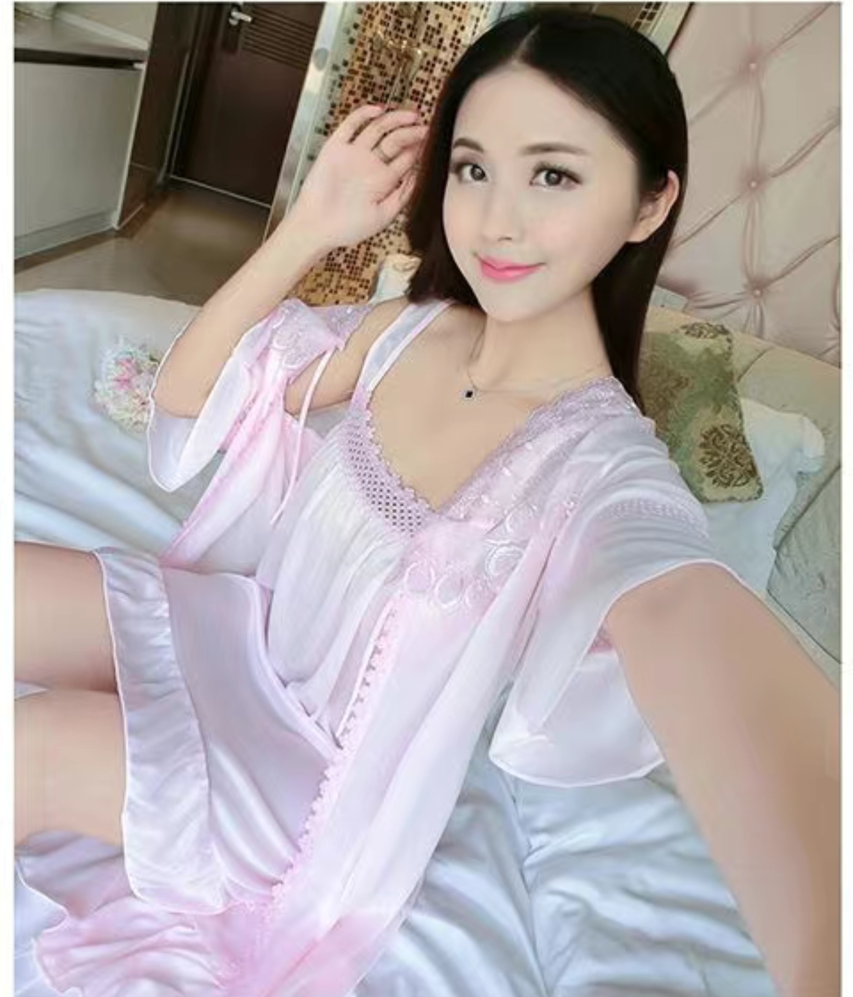 Satin 2 part night dress with exclusive lace work - Image 10