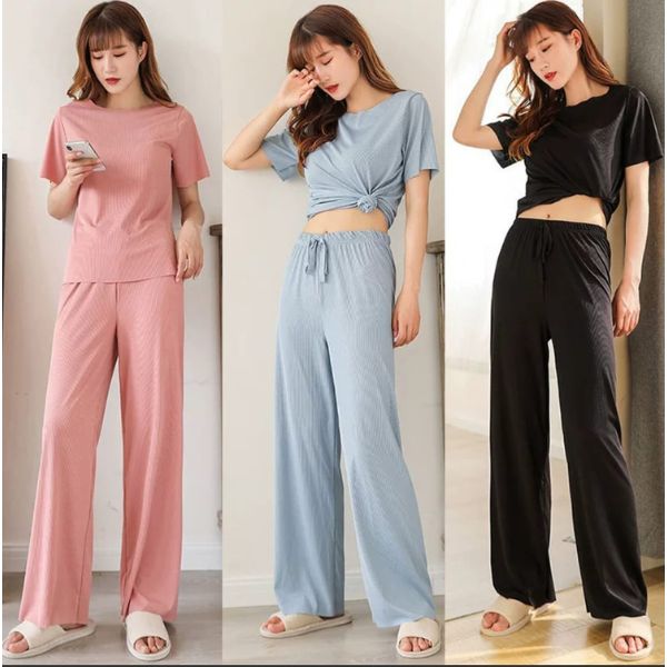 women pajama set, ribbed pajama, wide leg pajama, soft home wear, casual pajama set, comfortable sleepwear