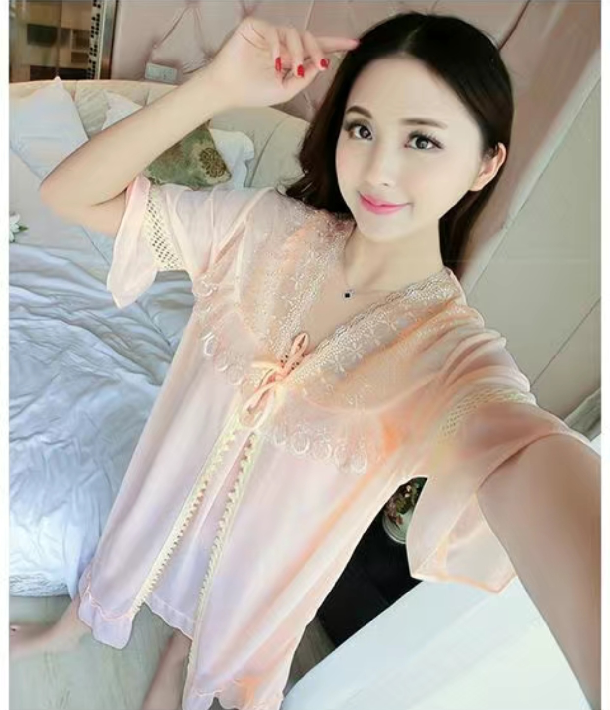 Satin 2 part night dress with exclusive lace work - Image 13