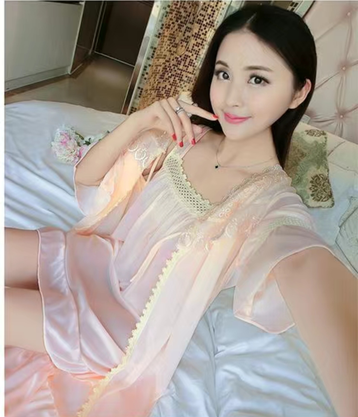Satin 2 part night dress with exclusive lace work - Image 14