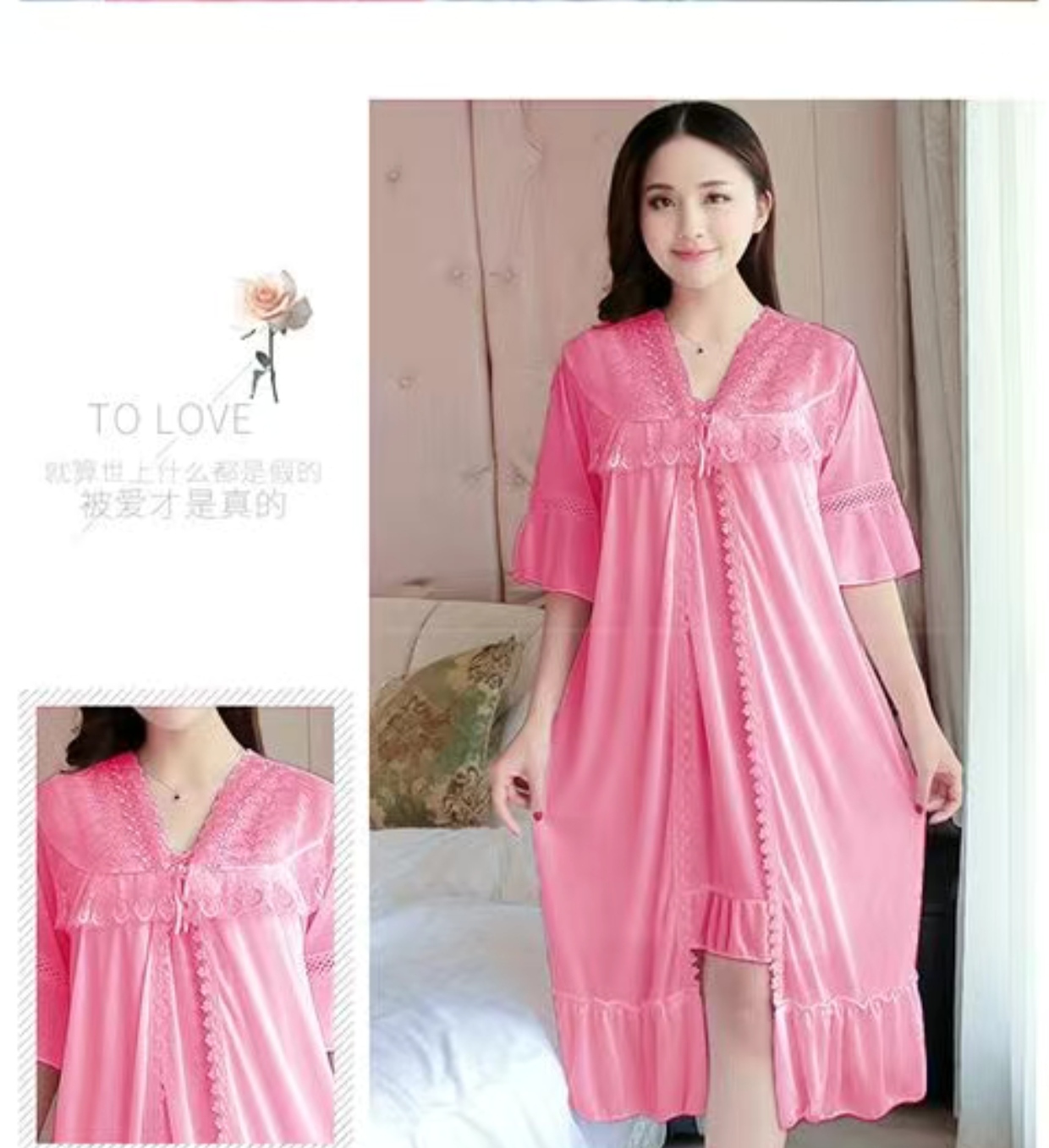 Satin 2 part night dress with exclusive lace work - Image 17