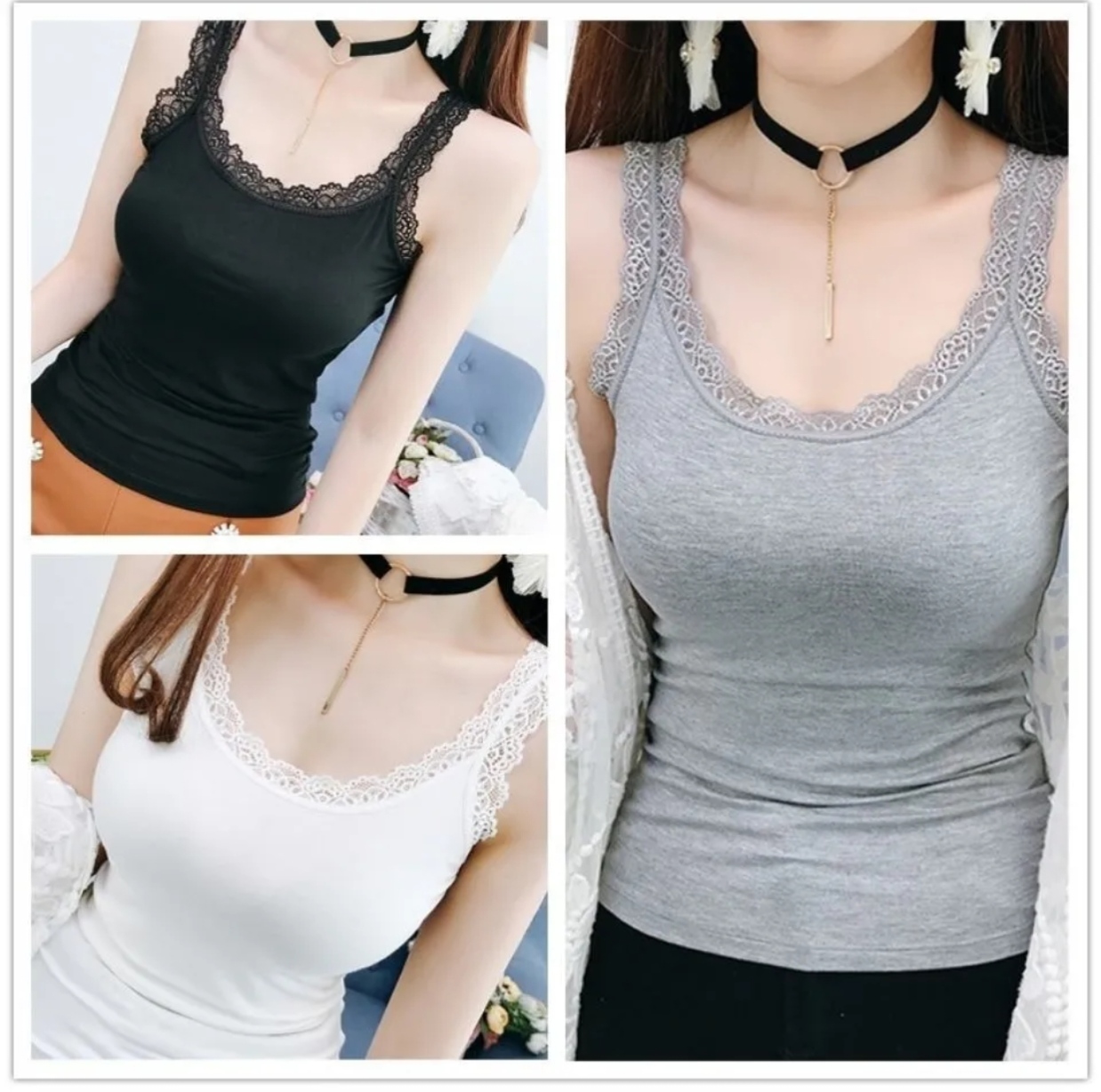 3 Pcs Premium Lace Camisole Tank Top Combo for Women | Summer Soft Inner Wear - Image 2