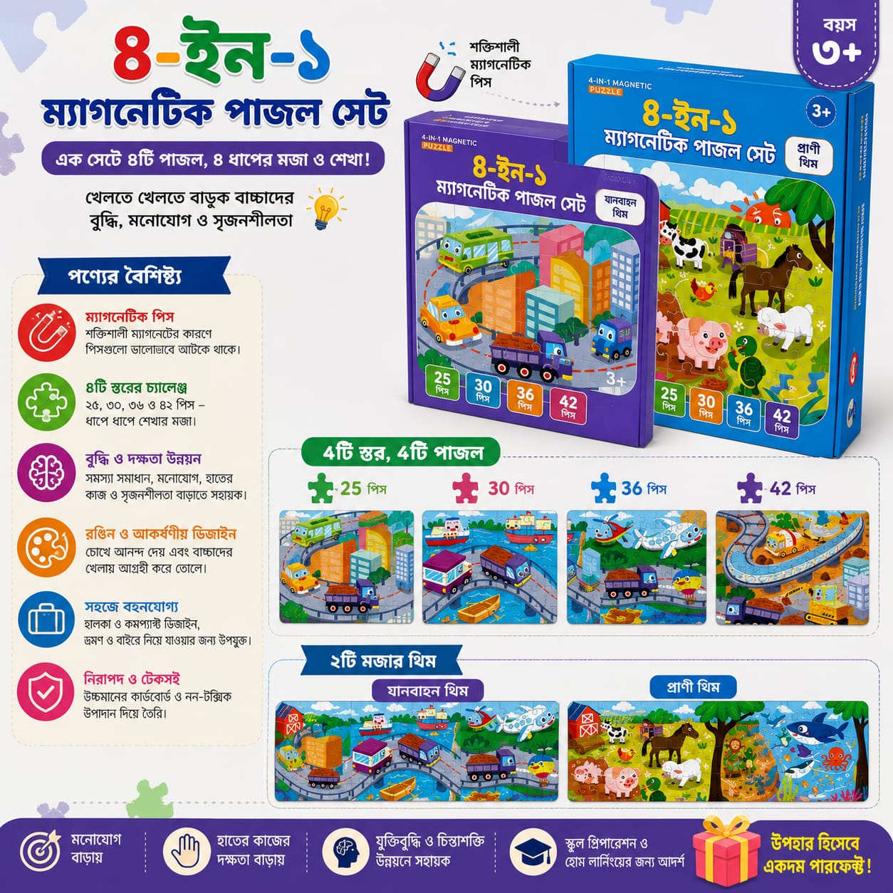 4-in-1 Magnetic Leveled Puzzle Set for Kids | Total 133 Pieces Educational Magnetic Puzzle - Image 2