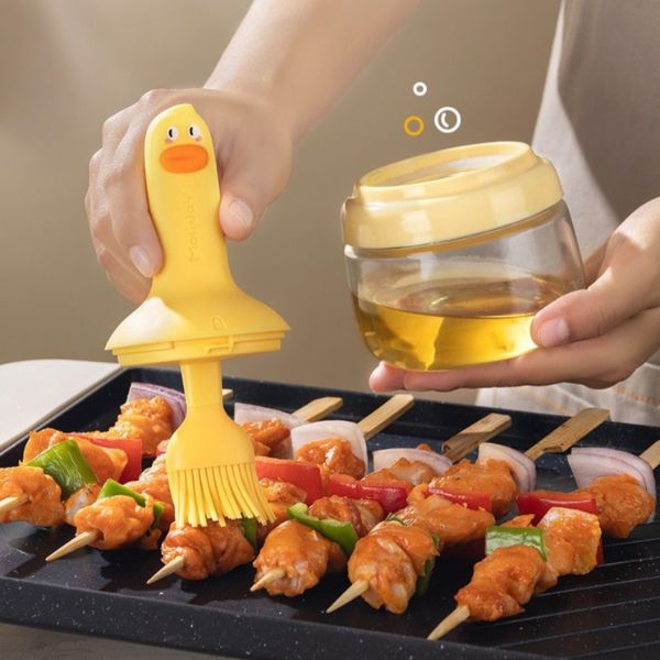 Glass Oil Brush Jar with Lock Lid | Refillable Kitchen Oil Dispenser & Basting Brush