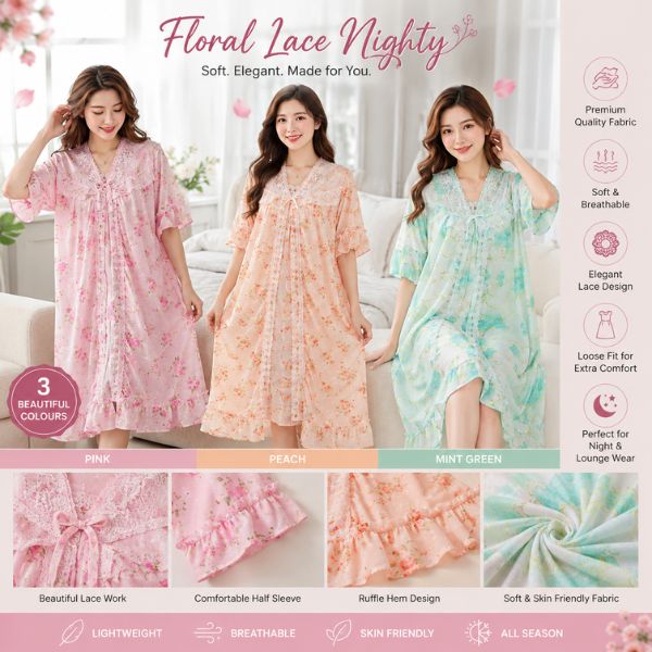 Women's Nighty, Floral Nighty, Lace Nighty, Cotton Blend Nighty, Premium Night Dress