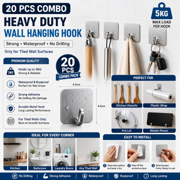 Tile Wall Hook, Strong Adhesive Hook, Wall Hanging Hook, Utility Hook, Home Organization, Sticky Wall Hook